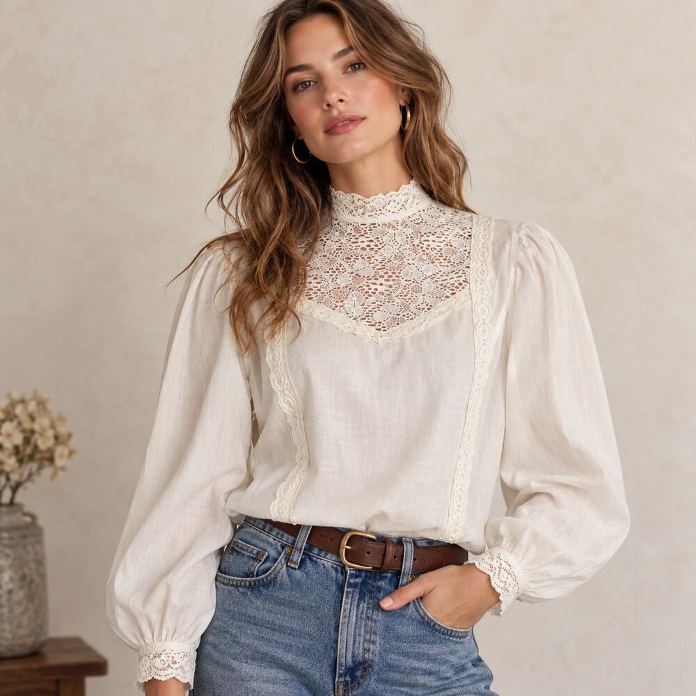 Vintage 1980s Joseph White Lace High Neck Puff Sleeve Blouse L